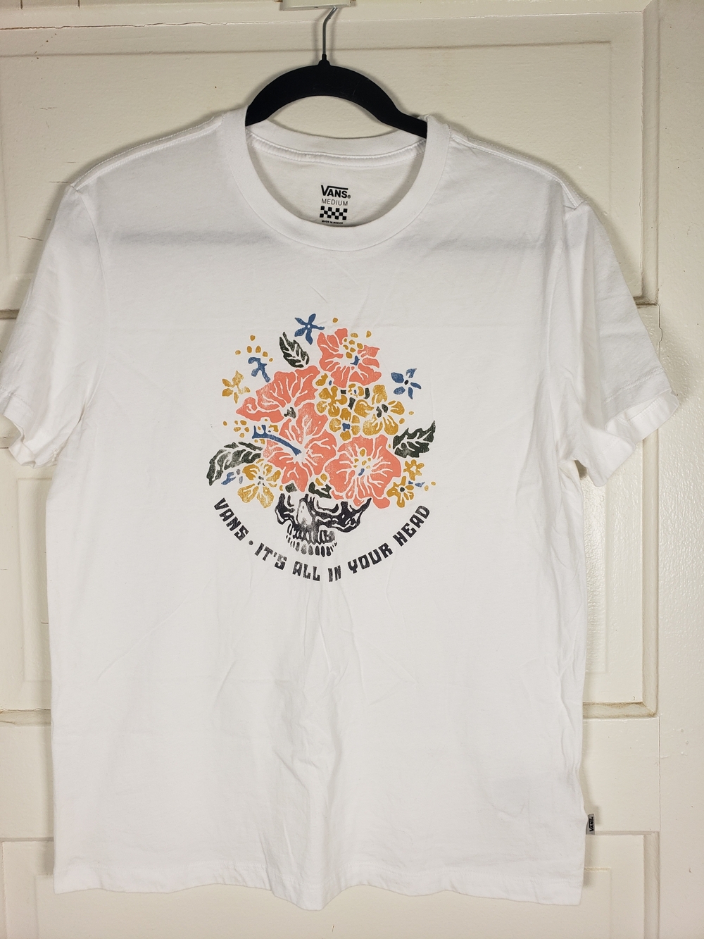 Vans White Tee with Coral, Yellow & Blue Floral Skull Tshirt
